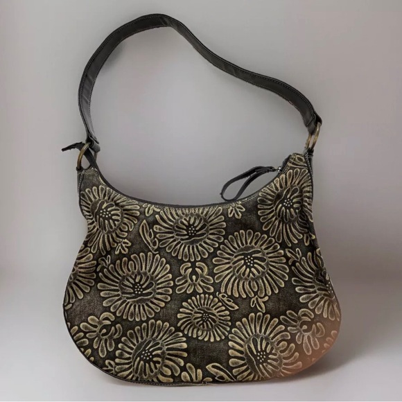 Nine West Brown And Gold Flower Patterned Shoulder Bag. 100% Cotton/Faux Leather - Picture 2 of 9